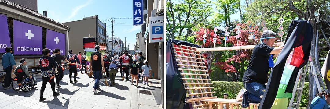 青柏祭(せいはくさい)では祭りの花形・木遣り衆として「でか山」の台に上り、曳き出しや辻回しなどの見せ場で伝統の木遣り唄を披露する明能さん。2024年は震災で「でか山」の巡行がなくなったが、ミニサイズの「でか山」を作り、子どもたちが曳き回すイベントが開催され、その裏方として汗を流した