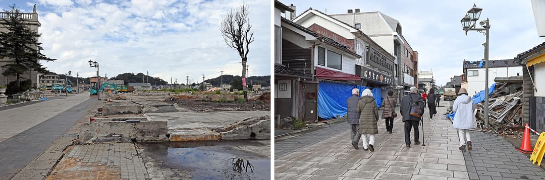 更地になった輪島市河井町本町の朝市通りで、バスツアーの団体客を案内する富水さん(2025年1月撮影)