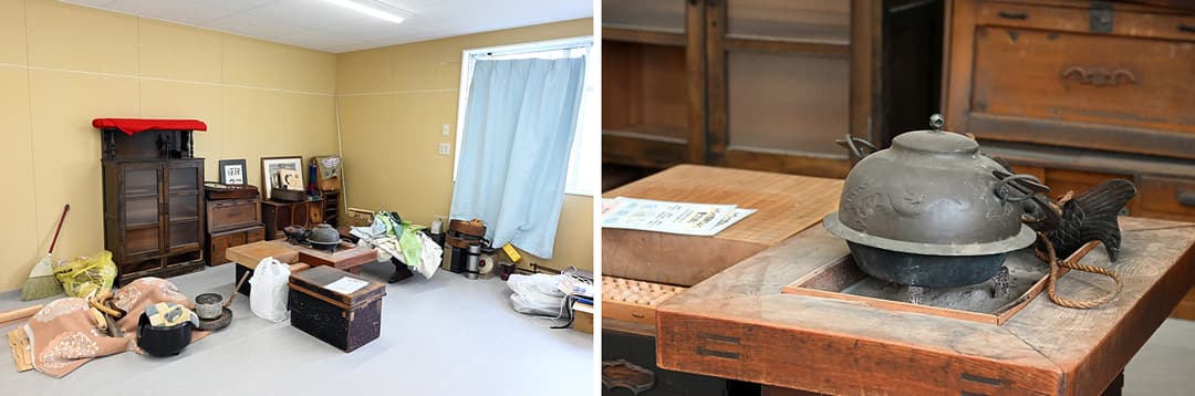 抹茶を挽く専用の石臼、茶釜や茶箱、古い茶箪笥などは北島屋の大切な財産