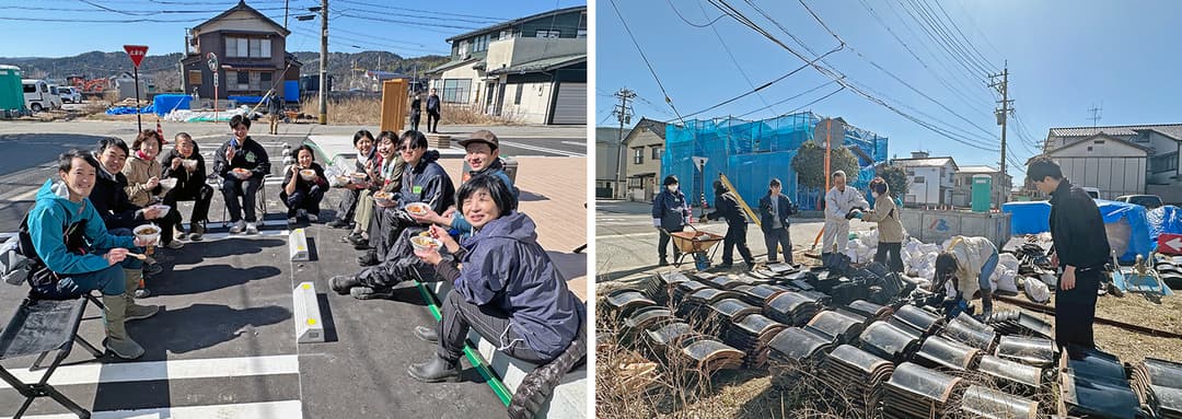 中村さんたちは2月に、リノベーション中だった輪島市の「らいか堂」でのボランティア活動に参加。初めて能登を訪れたメンバーも楽しみながら土間の土ならし、瓦運びなどを行った。昼食は地元の人の手作りカレーを囲んで交流した