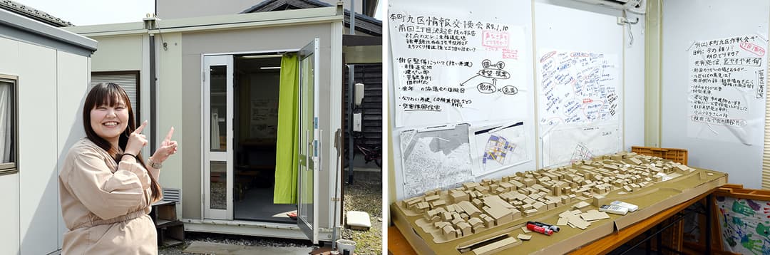 輪島市本町商店街振興組合の事務所も被災したため、地区の集会所になっているプレハブを間借りして仮設事務所にしている。屋内には復興計画を検討した際の資料や町並みを再現した模型も置かれている
