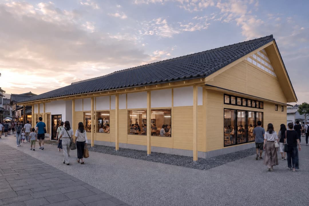 2027年春にオープン予定の賃貸型商業施設は、景観に配慮した木造平屋建て瓦葺きの建物。飲食棟と物販棟には14のテナントが入居予定(画像提供:輪島市本町商店街振興組合)
