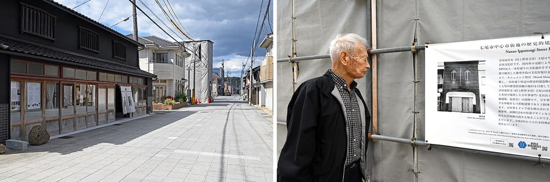 一本杉通りは七尾市内でも地震の被害が大きかった地域で、国の登録有形文化財を含む多くの歴史的な町屋や店舗が倒壊・甚大な被害を受けた。写真左は2026年9月に復旧を終えた「鳥居醤油店」、右は復旧工事中の和食店「一本杉 川嶋(旧上野啓文堂)」
