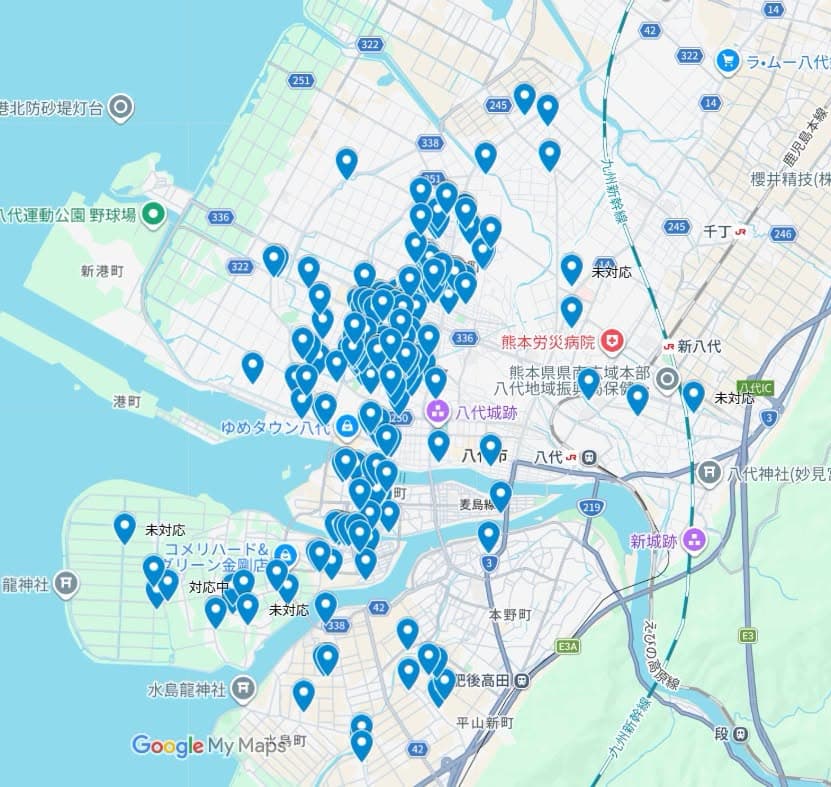 私たちの「家まるごと給水」をお申込みいただいた井戸水断水世帯309軒を地図上にプロットしてみたところ、ピンが見事に一列に並びました